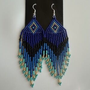 Blue Seed Beaded Earrings Southwestern Geometric Diamond Boho Drop Tassel 4"
